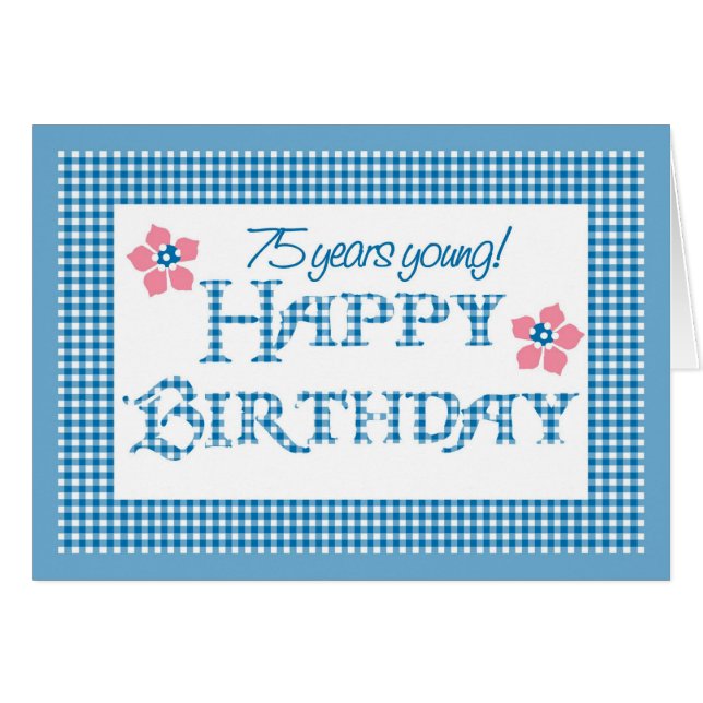 Cumpleaños 75, Blue Check Gingham Pattern (Anverso (Horizontal))