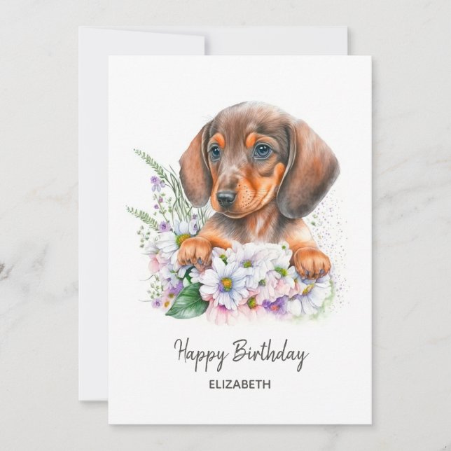 Cumpleaños | acuarela Dachshund y Florals (Anverso)