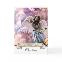 Cumpleaños. Angel con tarjeta de mariposas