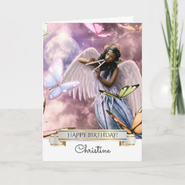 Cumpleaños. Angel con tarjeta de mariposas