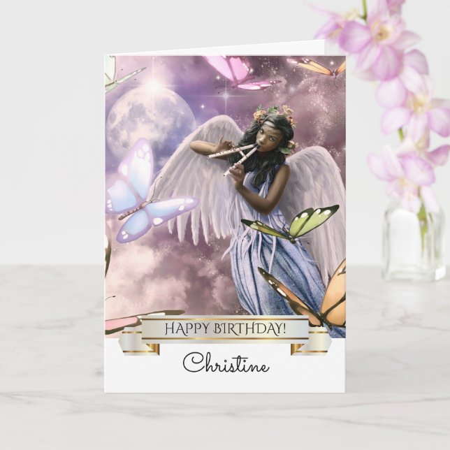 Cumpleaños. Angel con tarjeta de mariposas (Orquídea)