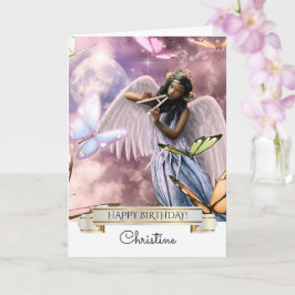 Cumpleaños. Angel con tarjeta de mariposas