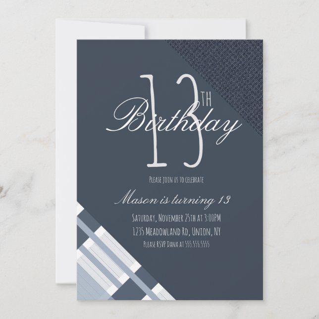 Cumpleaños Azul Cuadros Denim Chicos Trece Fiesta (Anverso)