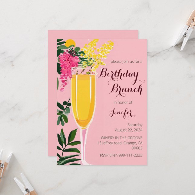 Cumpleaños Brunch mimosa acuarela Invitación (Anverso/Reverso In Situ)