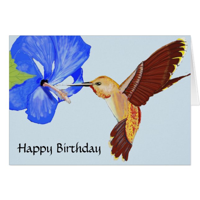 Cumpleaños con colibrí y hibisco azul (Anverso (Horizontal))