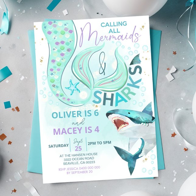 Cumpleaños Conjunto de Invitación de Cumpleaños de (Mermaid Shark Birthday Invitation. Joint boy girl birthday invitation)