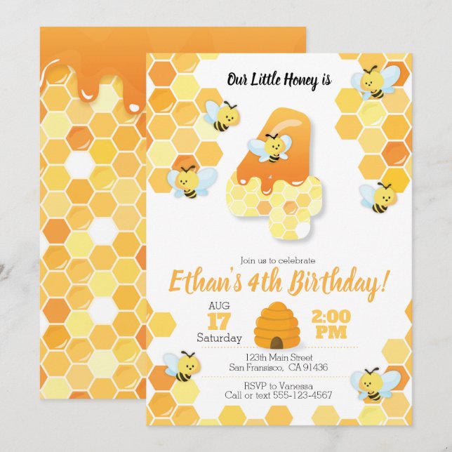 Cumpleaños de abejas, invitación de abejas para el (Anverso / Reverso)