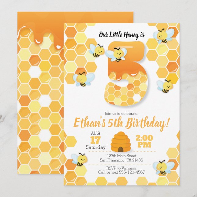 Cumpleaños de abejas, invitación para quinto cumpl (Anverso / Reverso)