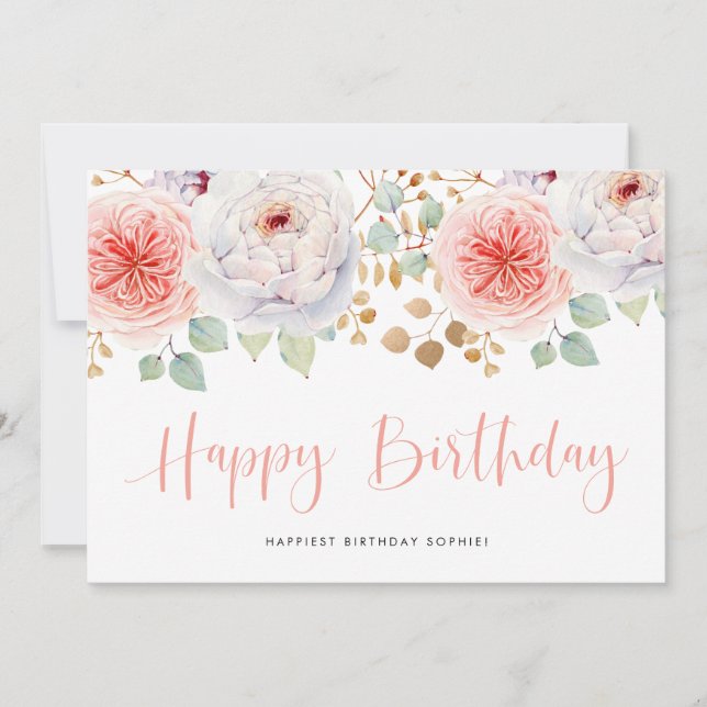 Cumpleaños de Acuarela de Peonías de Melocotón y H (Anverso)