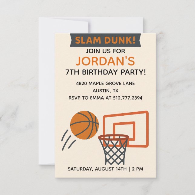 Cumpleaños de Baloncesto para Niños • Invitación E (Anverso)