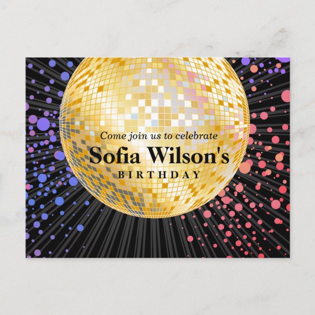 cumpleaños de bola de disco Invitación de postal (Anverso)
