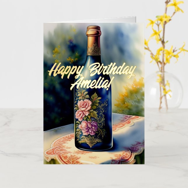 Cumpleaños de botella de vino floral (flor amarilla)