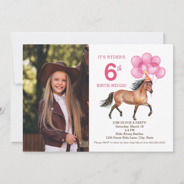 Cumpleaños de Caballo Rosado Invitación a la foto (Anverso)
