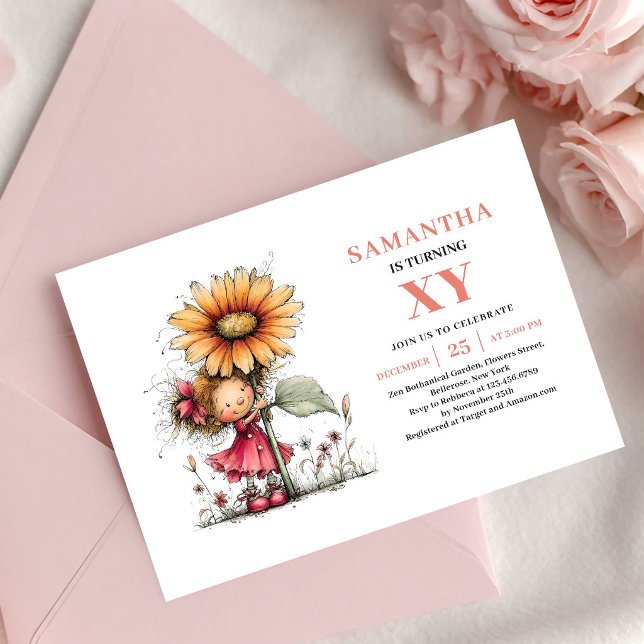 Cumpleaños de Cute Fairy Girl 3 invitaciones Flora (Cute Fairy Girl 3rd Birthday Blush Floral invitation)