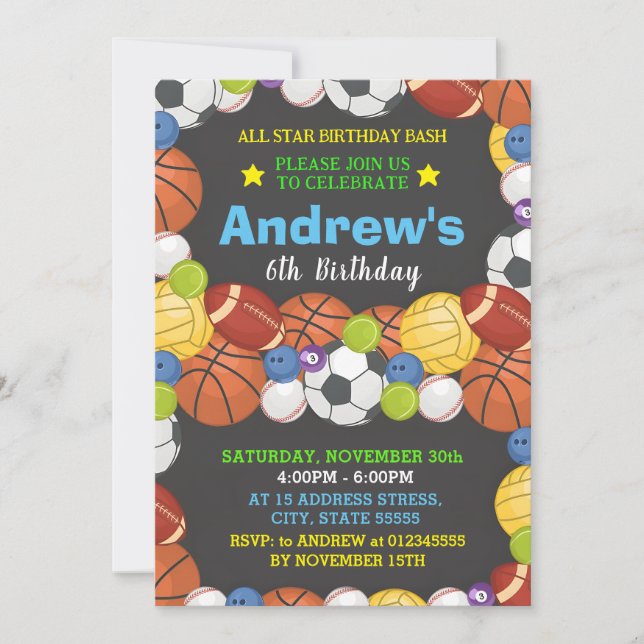 Cumpleaños de Deportes Personales Para Invitación  (Anverso)