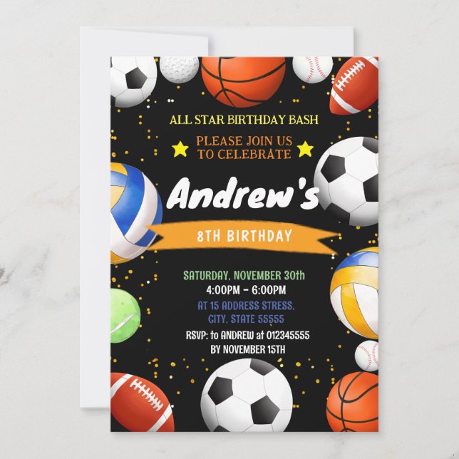 Cumpleaños de Deportes Personales Para Invitación  (Anverso)