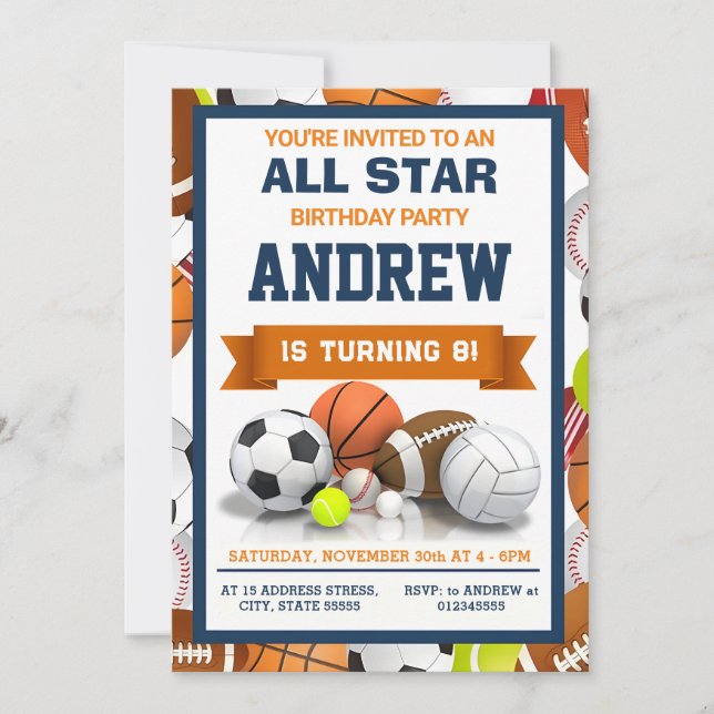 Cumpleaños de Deportes Personales Para Invitación  (Anverso)