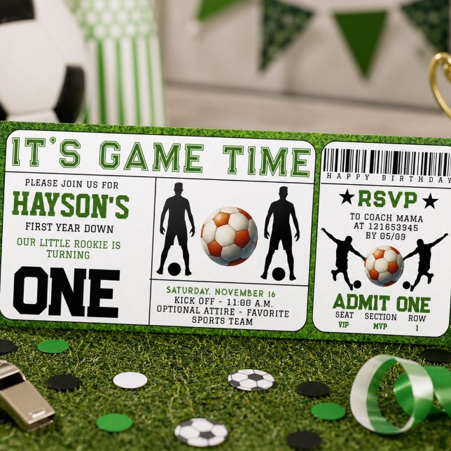 cumpleaños de fútbol Tarjeta de primer año caída C (soccer First Year Down Ticket 1st Birthday Invitation)
