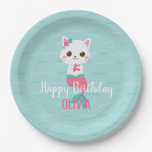 Cumpleaños de Gatita Sirena Plato de Papel