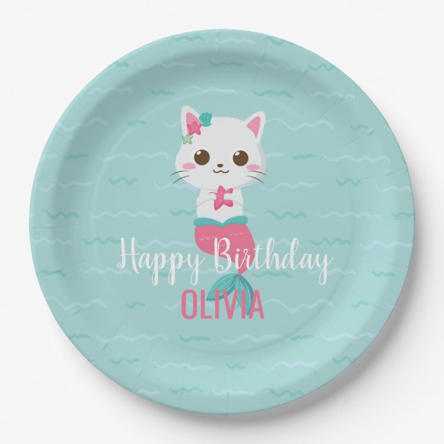 Cumpleaños de Gatita Sirena Plato de Papel (Anverso)