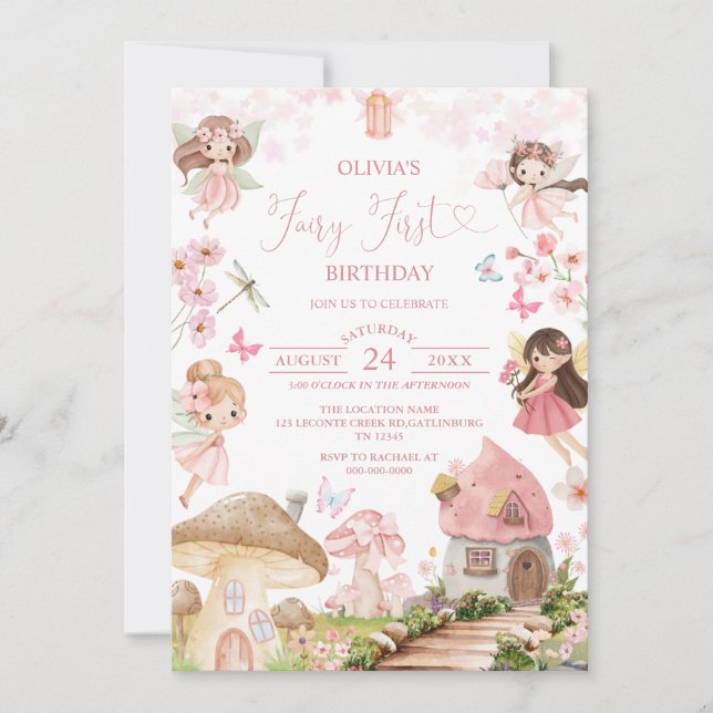 Cumpleaños de hada primera Invitación bosque encan (Anverso)