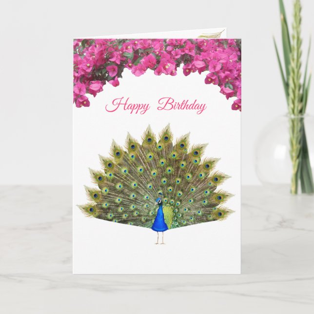 Cumpleaños de hermoso pavo real y flores tropicale (Anverso)