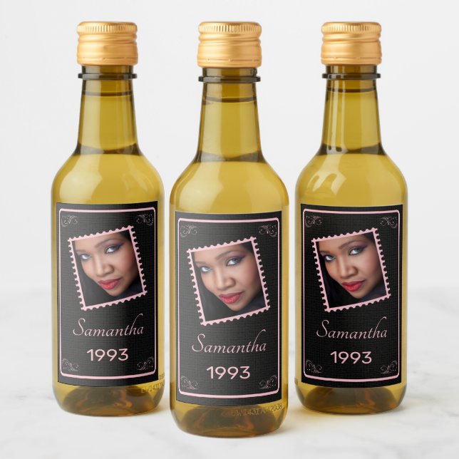 Cumpleaños de la foto negra rosada del personaliza (Botellas)