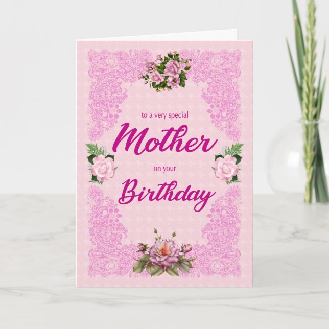 Cumpleaños de la madre con tarjeta de rosas rosada (Anverso)