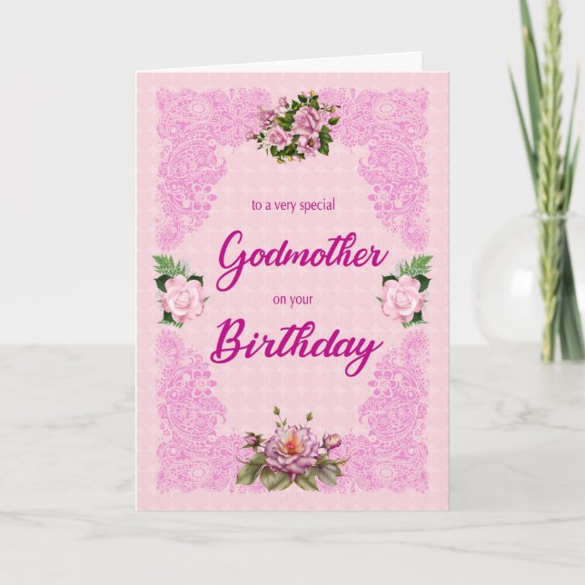 Cumpleaños de la padrina con tarjeta de rosas rosa (Anverso)