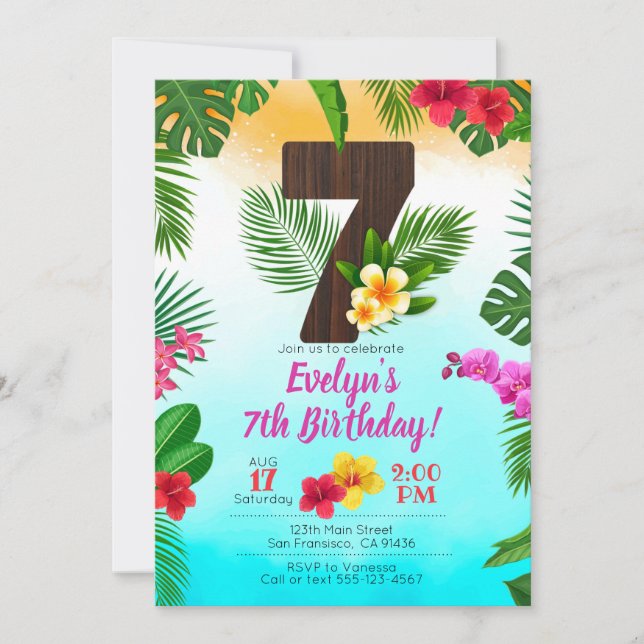 Cumpleaños de Luau, Invitación Fiesta de Luau 7 cu (Anverso)