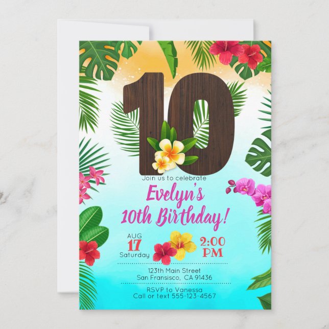 Cumpleaños de Luau, Invitación Fiesta Luau 10 cump (Anverso)