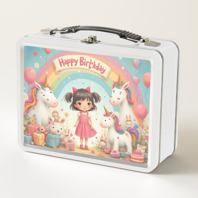 Cumpleaños de niña con unicornios y arcoíris (Anverso)