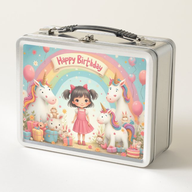 Cumpleaños de niña con unicornios y arcoíris (Anverso)