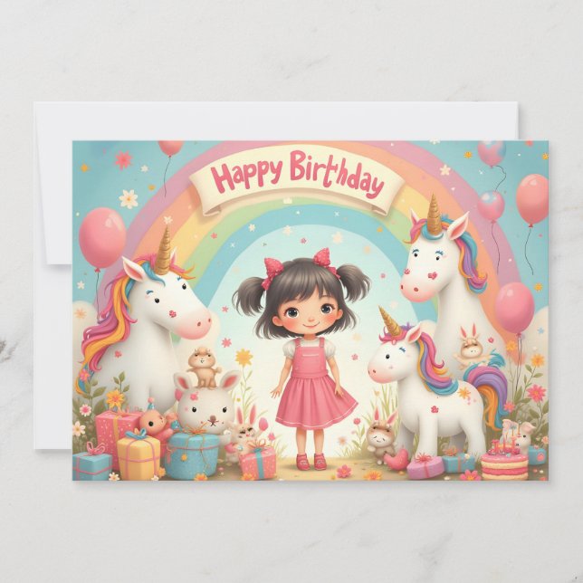 Cumpleaños de niña con unicornios y arcoíris (Anverso)