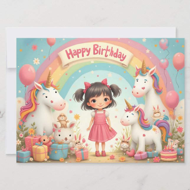 Cumpleaños de niña con unicornios y arcoíris (Anverso)
