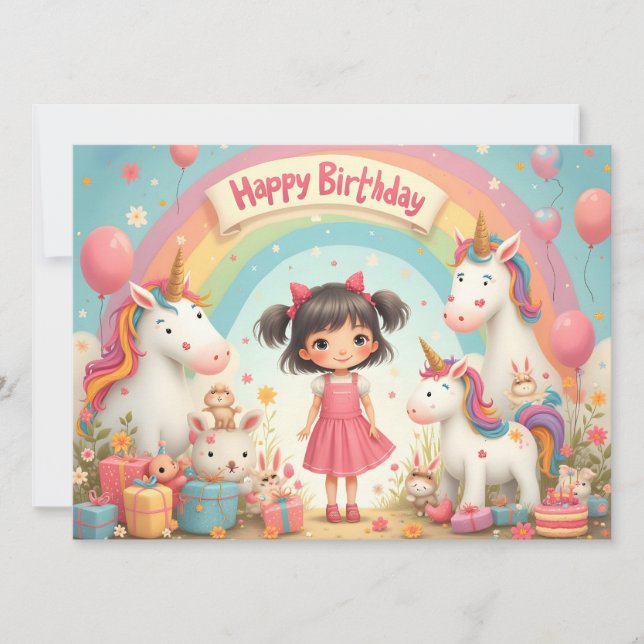 Cumpleaños de niña con unicornios y arcoíris (Anverso)