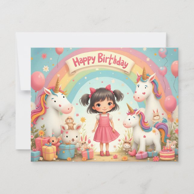 Cumpleaños de niña con unicornios y arcoíris (Anverso)