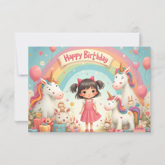 Cumpleaños de niña con unicornios y arcoíris (Anverso)