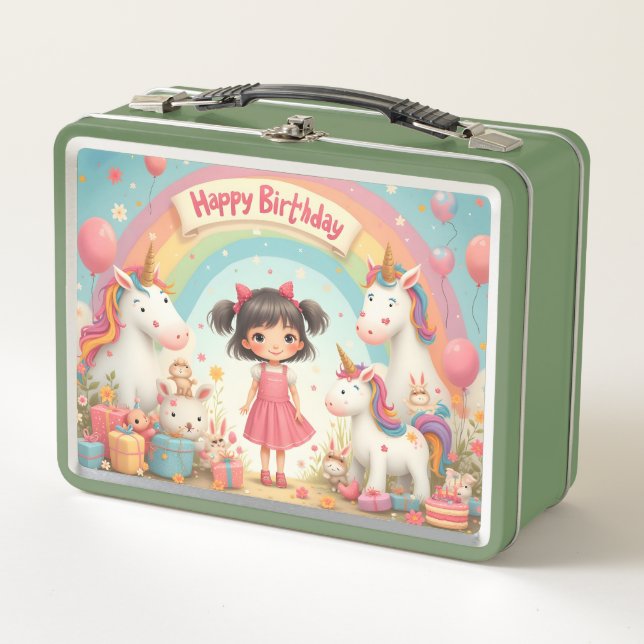 Cumpleaños de niña con unicornios y arcoíris (Anverso)
