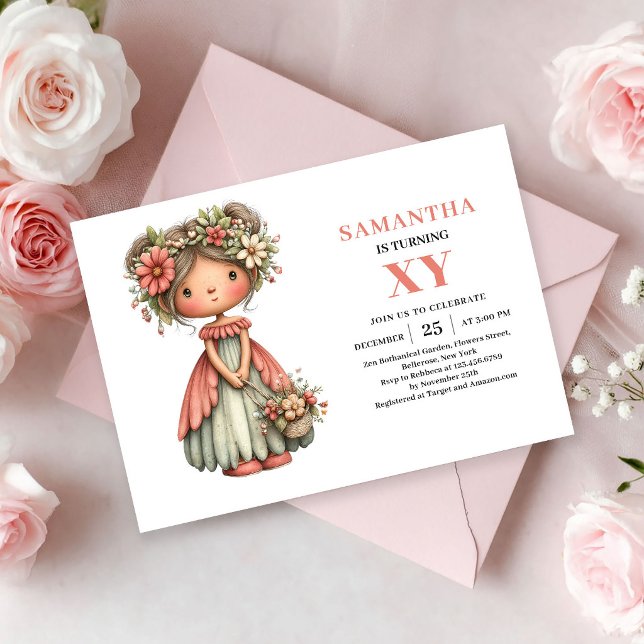 Cumpleaños de niña de hadas linda Invitaciones mág (Cute Fairy Girl Birthday Pink Floral Magic invitation)
