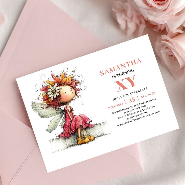 Cumpleaños de niña hada encantada invitación flora (Enchanted Fairy Girl Birthday Pink Floral invitation)