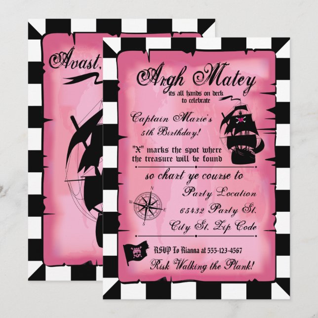 Cumpleaños de Princesa Pirata Rosada, Invitación l (Anverso / Reverso)