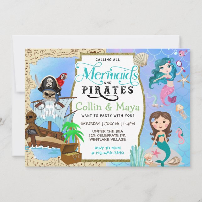 Cumpleaños De Sirena Y Pirata, Invitación De Cumpl (Anverso)