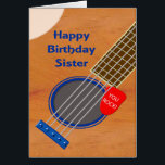 Cumpleaños de Sister Guitar Player<br><div class="desc">Una tarjeta de cumpleaños para una hermana que ama la guitarra. Un primer plano de una guitarra con un plectrum colgado en las cuerdas. En el plectrum están las palabras 'You Rock'. Una tarjeta de cumpleaños para un músico que ama la guitarra.</div>