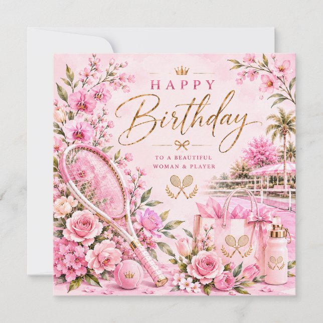 Cumpleaños de tenis con flores rosadas  (Anverso)