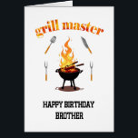 Cumpleaños del maestro Brother Grill<br><div class="desc">Una tarjeta de cumpleaños para un hermano al que le gusta asar. Un diseño ahumado y seductor,  con parrilladas asadas en el centro y frente,  las llamas suben al fondo. "Grill master" toma el foco,  ¡igual que él cuando está detrás de la parrilla!</div>
