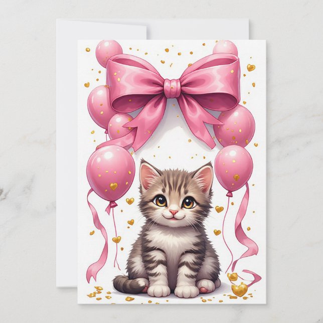 Cumpleaños divertido de gatito con lazo y globos � (Anverso)