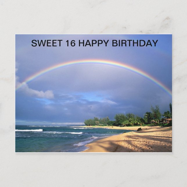 Cumpleaños/ Dulce 16/ arco iris sobre postal de pl (Anverso)