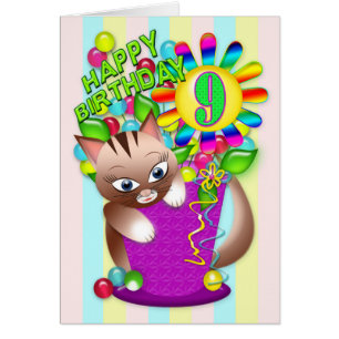 Cumpleaños - Edad 9 - Gato Kitty Celebrando