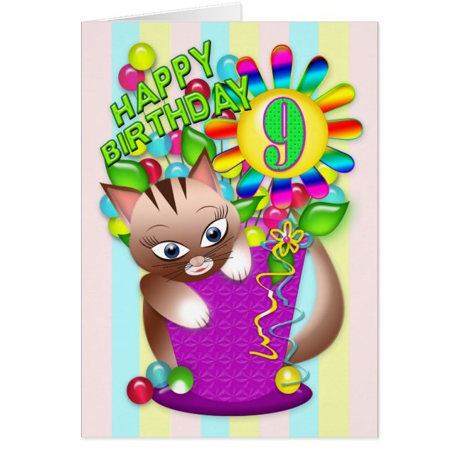Cumpleaños - Edad 9 - Gato Kitty Celebrando (Frente)